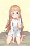  barefoot blue_eyes blush brown_hair highres long_hair looking_at_viewer original shirt sitting solo wariza white_shirt yungjing 