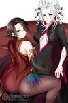  alfred_cullado ass bare_shoulders black_eyes black_nails breasts brown_hair cinder_fall cleavage cleavage_cutout earrings elbow_gloves facial_scar feathers from_behind gloves highres jewelry large_breasts multiple_girls multiple_piercings nail_polish pale_skin pantyhose patreon_logo red_sclera rwby salem_(rwby) scar sitting sitting_on_lap sitting_on_person watermark web_address white_hair wide_sleeves yellow_eyes 