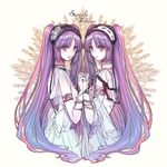  2girls bracelet dress euryale fate/grand_order fate/hollow_ataraxia fate_(series) hand_holding headband interlocked_fingers looking_at_viewer multiple_girls open_mouth purple_eyes purple_hair slit_pupils smile stheno text twins very_long_hair 