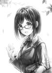  artist_name bag bangs blazer blush bookbag bow bowtie fang glasses greyscale hand_up highres idolmaster idolmaster_cinderella_girls jacket leaf looking_to_the_side maekawa_miku monochrome open_mouth short_hair simple_background smile solo takeashiro waving white_background 