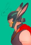  animal_ears blonde_hair blue_eyes bunny_ears bunny_tail green_background helmet male_focus marvel nikumeron profile simple_background solo tail thor:_ragnarok thor_(marvel) 