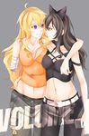  ahoge amputee arm_around_shoulder arm_around_waist bandages black_bow black_hair blake_belladonna blonde_hair bow breasts cleavage english eye_contact grey_background groin hair_bow hand_on_another's_hip inu0831 large_breasts long_hair looking_at_another medium_breasts midriff multiple_girls navel off_shoulder pants purple_eyes rwby smile strap_slip tank_top yang_xiao_long 