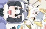  :d animal_ears black_gloves black_hair black_neckwear blonde_hair blush bow bowtie brown_eyes ceiling commentary common_raccoon_(kemono_friends) dentist fang fennec_(kemono_friends) fox_ears from_below fur_collar gloves grey_hair holding kemono_friends looking_at_viewer looking_down multicolored_hair multiple_girls open_mouth raccoon_ears sayamagi_kei short_hair smile surgical_mask upper_body v-shaped_eyebrows white_hair yellow_gloves yellow_neckwear 