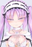  1girl blush choker fate/grand_order fate/hollow_ataraxia fate_(series) headband looking_at_viewer purple_eyes purple_hair smile stheno 