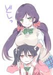  arm_grab black_hair blush bow bowtie breast_rest breasts breasts_on_head cardigan green_eyes hair_bow hair_ornament hair_scrunchie large_breasts long_hair looking_down love_live! love_live!_school_idol_project low_twintails multiple_girls nakayama_miyuki otonokizaka_school_uniform pink_scrunchie purple_hair red_eyes school_uniform scrunchie short_sleeves smile sweat sweater_vest toujou_nozomi twintails v_arms wavy_mouth yazawa_nico 