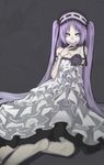  1girl creepy dark dress fate/grand_order fate/hollow_ataraxia fate_(series) headband looking_at_viewer purple_eyes purple_hair simple_background slit_pupils smile stheno very_long_hair 