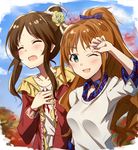  autumn bangs blue_bow blue_shirt blue_sky blush bow brown_hair closed_eyes collarbone commentary_request day flower frills green_eyes hair_bow hair_bun hair_flower hair_ornament hand_on_own_chest hand_to_forehead hand_up high_ponytail highres hino_akane_(idolmaster) idolmaster idolmaster_cinderella_girls multiple_girls one_eye_closed open_mouth orange_hair outdoors parted_bangs plaid plaid_bow plaid_shirt ponytail red_sweater scrunchie shirt sidelocks sky smile sweat sweater takamori_aiko takeashiro wavy_hair white_shirt white_sweater 