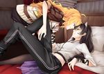  ahoge bed black_hair blake_belladonna blonde_hair book bunk_bed clothes_grab eye_contact hand_on_another's_thigh inu0831 long_hair looking_at_another lying multiple_girls necktie on_back pants purple_eyes rwby shirt_grab smile thighhighs waist_cape yang_xiao_long yellow_eyes yuri 