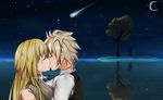  1girl ahoge bangs blonde_hair blush brown_hair closed_eyes comet commentary_request couple crying eyebrows_visible_through_hair face-to-face fate/apocrypha fate_(series) from_side hawaichung hetero hug jeanne_d'arc_(fate) jeanne_d'arc_(fate)_(all) kiss long_hair looking_at_another moon night night_sky ocean shirt sieg_(fate/apocrypha) sky sleeveless sleeveless_shirt star_(sky) starry_moon starry_sky tree very_long_hair waistcoat white_shirt 