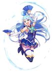  aqua_(konosuba) bare_shoulders blue_eyes blue_footwear blue_hair blue_legwear blue_shirt blue_skirt boots bow detached_sleeves fan folding_fan green_bow hair_ornament hair_rings kono_subarashii_sekai_ni_shukufuku_wo! long_hair open_mouth shirt skirt tama_(tama-s) thigh_boots thighhighs 