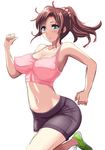  armpits blue_eyes blush breasts brown_hair cleavage collarbone commentary_request covered_nipples cowboy_shot gym_shorts hair_ornament hair_scrunchie impossible_clothes large_breasts long_hair navel original parted_lips pink_scrunchie piston_ring ponytail running scrunchie shoes shorts sidelocks sneakers stomach sweat tank_top 