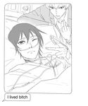  bed boku_dake_ga_inai_machi butcher_shop commentary english fake_screenshot formal fujinuma_satoru greyscale hospital_bed hospital_gown kobayashi_kenya looking_at_viewer male_focus meme middle_finger monochrome multiple_boys smile spoilers suit v 