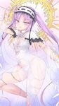  1girl bracelet choker fate/grand_order fate/hollow_ataraxia fate_(series) halo headband jewelry legs open_mouth panties purple_eyes purple_hair revealing_clothes see-through smile stheno thighs 
