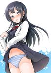  aikura_(twilight_dusk) asashio_(kantai_collection) bangs black_hair blouse blue_bow blue_eyes blush bow bow_panties bush commentary_request cowboy_shot dress dress_lift eyebrows_visible_through_hair groin kantai_collection lifted_by_self long_hair long_sleeves looking_at_viewer navel open_mouth panties pinafore_dress remodel_(kantai_collection) school_uniform solo striped striped_panties thighs underwear white_blouse 