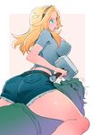  anger_vein ass blonde_hair blue_eyes casual denim denim_shorts genderswap genderswap_(mtf) hairband hammer impossible_clothes impossible_shirt marvel mjolnir nikumeron shirt shorts solo thor_(marvel) 