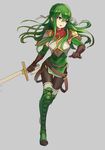  armor boots breasts elbow_gloves fingerless_gloves fire_emblem fire_emblem:_monshou_no_nazo gloves green_eyes green_hair hashiko_(neleven) headband long_hair looking_at_viewer paola pegasus_knight skirt small_breasts smile solo thighhighs 