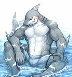  abs anthro barazoku biceps black_sclera bulge clothed clothing fangs fish gills grey_scales grey_skin grin looking_at_viewer male marine multicolored_scales muscular muscular_male obliques pecs rpbbw scales scalie shark sharp_teeth shorts sitting smile solo spread_legs spreading stripes swimsuit teeth topless triceps two_tone_scales water wet white_scales white_skin yellow_eyes 