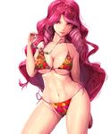  aikatsu!_(series) aikatsu_stars! bikini braid breasts cleavage elza_forte eyewear_removed floral_print french_braid harihisa holding holding_eyewear large_breasts lips long_hair looking_at_viewer red_bikini red_eyes red_hair side-tie_bikini simple_background solo swimsuit underboob white_background 