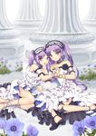  alha anemone_(flower) anklet armlet bangs bare_arms bare_legs bare_shoulders black_choker black_footwear black_headband bracelet breasts choker closed_mouth commentary day dress euryale eyebrows_visible_through_hair fate/grand_order fate_(series) flower frilled_choker frilled_dress frilled_headband frills grass hair_ribbon hairband highres holding_hands jewelry legs lolita_fashion lolita_hairband long_hair looking_at_viewer multiple_girls open_mouth outdoors pillar pixiv_fate/grand_order_contest_1 plant purple_eyes purple_flower purple_hair ribbon siblings sleeveless sleeveless_dress small_breasts smile stheno thighlet twins twintails white_dress 