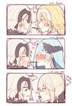  4girls ahoge artoria_pendragon_(all) blonde_hair blue_eyes blue_hair blush brynhildr_(fate) closed_eyes commentary directional_arrow dual_persona eating english face-to-face fate/grand_order fate_(series) food from_side headpiece heart jeanne_d'arc_(alter)_(fate) jeanne_d'arc_(fate) jeanne_d'arc_(fate)_(all) kvlen looking_at_another mouth_hold multiple_girls pocky pocky_kiss profile saber_alter shared_food smile sparkle spoken_ellipsis yellow_eyes you're_doing_it_wrong yuri 