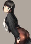  :d aqua_eyes ass bangs black_hair black_legwear black_serafuku black_shirt black_skirt blunt_bangs blush commentary_request crotch_seam from_behind grey_background hair_ornament hairclip highres kurosawa_dia leaning_forward long_hair long_sleeves looking_at_viewer looking_back looking_to_the_side love_live! love_live!_sunshine!! mole mole_under_mouth neckerchief nozomi-y open_mouth panties panties_under_pantyhose pantyhose pulled_by_self school_uniform serafuku shiny shiny_hair shirt sidelocks simple_background skirt skirt_pull smile solo straight_hair sweatdrop thighband_pantyhose underwear undressing uniform uranohoshi_school_uniform white_neckwear 