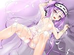  1boy 1girl bracelet choker clutching_sheets fate/grand_order fate/hollow_ataraxia fate_(series) flat_chest headband jewelry navel nipples on_back on_bed open_mouth panties panties_aside purple_eyes purple_hair pussy sex stheno thighs vaginal 