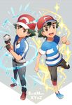  :d baseball_cap black_gloves black_pants blue_shirt brown_eyes clenched_hand copyright_name dual_persona electricity fingerless_gloves gloves green_hair grey_background hat highres holding holding_poke_ball leg_up looking_at_viewer male_focus multiple_boys ochi_(lokun) open_mouth pants poke_ball pokemon pokemon_(anime) pokemon_sm_(anime) pokemon_xy_(anime) red_hat satoshi_(pokemon) shirt short_sleeves simple_background smile standing standing_on_one_leg striped striped_shirt tareme water z-ring 