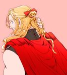  beard blonde_hair blue_eyes cape facial_hair from_behind hair_ribbon half_updo holding holding_hair long_hair male_focus marvel nikumeron ribbon solo thor_(marvel) 