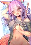  animal_ear_fluff animal_ears bottomless breasts casual cleavage collarbone fang fate/extra fate/grand_order fate_(series) fox_ears fox_tail groin hand_in_hair highres large_breasts long_hair navel one_eye_closed open_mouth out-of-frame_censoring pink_hair solo tail tamamo_(fate)_(all) tamamo_no_mae_(fate) tears translated underboob wisespeak yellow_eyes 