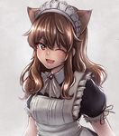  ;d animal_ears blush brown_eyes brown_hair commentary fernandia_malvezzi grey_background highres liar_lawyer long_hair looking_at_viewer maid maid_headdress one_eye_closed open_mouth short_sleeves smile solo strike_witches world_witches_series 