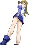  1girl artist_request bare_legs blonde_hair boots breasts female fingerless_gloves gloves hajime_shindo holding_card large_breasts long_hair looking_back obelisk_blue_uniform skirt solo standing tenjouin_asuka yu-gi-oh! yuu-gi-ou_gx 