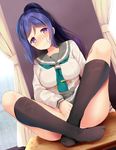 black_legwear blue_hair blush breasts commentary curtains desk eyebrows_visible_through_hair fingering fingering_through_clothes fingering_through_panties indoors kneehighs komone_ushio large_breasts long_hair long_sleeves looking_at_viewer love_live! love_live!_sunshine!! masturbation masturbation_through_clothing matsuura_kanan neckerchief no_shoes nose_blush on_desk panties parted_lips pleated_skirt ponytail purple_eyes school_uniform serafuku sitting skirt sleeve_cuffs solo spread_legs sweat thighs through_clothes underwear uranohoshi_school_uniform white_panties window 