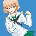  :d bangs black_neckwear blonde_hair blouse blue_background blue_eyes commentary_request eyebrows_visible_through_hair fang girls_und_panzer green_skirt katyusha long_sleeves looking_at_viewer miniskirt mutsu_(layergreen) neckerchief ooarai_school_uniform open_mouth oversized_clothes pleated_skirt school_uniform serafuku short_hair simple_background skirt sleeves_past_wrists smile solo standing upper_body white_blouse 