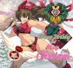  1girl alternate_costume arm_behind_head arm_up belt blue_eyes boots bow bra breasts brown_hair christmas cleavage cropped_jacket eyebrows_visible_through_hair gift gluteal_fold hair_bow happy_birthday hat long_hair m.u.g.e.n medium_breasts merry_christmas midriff navel oggy open_mouth original ponytail red_bow ryuuko_(oggy) sack santa_costume santa_hat shorts solo strapless strapless_bra thighs underwear 