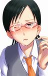  black_eyes black_hair blush bonnie_(rsg) cum cum_on_glasses cum_on_hair facial glasses kotozuka_fumie looking_at_viewer necktie nose_blush one_eye_closed orange_neckwear parted_lips school_uniform solo sora_no_manimani white_background wince 