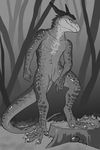  2017 animal_genitalia anthro black_and_white black_horn black_scales black_skin claws curved_horn digital_media_(artwork) forest front_view full-length_portrait genital_slit grey_scales grey_skin half-closed_eyes hi_res horn lizard looking_aside male monochrome navel nektis nitrods nude portrait pose reptile ridged_horn scales scalie slit smile solo standing toe_claws tree tree_stump 