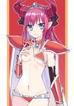  arm_at_side arm_guards armor bangs bikini bikini_armor bikini_lift blue_eyes breasts cape clenched_hand collar collarbone curled_horns elizabeth_bathory_(brave)_(fate) elizabeth_bathory_(fate)_(all) eyebrows_visible_through_hair fate/grand_order fate_(series) gem groin hand_on_own_chest lifted_by_self long_hair looking_at_viewer lowleg lowleg_bikini medium_breasts navel pauldrons pink_hair pointy_ears red_background red_bikini ryuuno6 shiny shiny_hair shoulder_armor sidelocks silver_trim smile solo standing stomach swimsuit teasing tiara tsurime underboob vambraces white_cape 