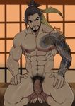  1boy abs barefoot beard black_hair character_request facial_hair hanzo_(overwatch) kneeling male_focus nipples nude overwatch pecs penis pubic_hair solo suyo tagme tattoo testicles toes 