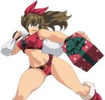  1girl absurdres alternate_costume arm_behind_head arm_up belt blue_eyes boots bow bra breasts brown_hair christmas cleavage cropped_jacket eyebrows_visible_through_hair gift gluteal_fold hair_bow happy_birthday hat highres long_hair m.u.g.e.n medium_breasts merry_christmas midriff navel oggy open_mouth original ponytail red_bow ryuuko_(oggy) sack santa_costume santa_hat shorts solo strapless strapless_bra thighs transparent_background underwear 