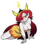  2017 4_fingers breasts cleavage clothed clothing demon dress eyelashes fangs female fire hair hair_over_eye hekapoo horn humanoid long_hair orange_eyes pointy_ears red_hair seductive slit_pupils solo star_vs._the_forces_of_evil ta-na white_skin wide_hips yellow_sclera 