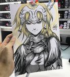  blonde_hair closed_mouth dated eyebrows_visible_through_hair fate/apocrypha fate_(series) headpiece highres jeanne_d'arc_(fate) jeanne_d'arc_(fate)_(all) looking_at_viewer photo signature smile solo stanley_lau upper_body 
