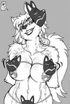  2017 anthro big_breasts breasts canine cheek_tuft clothed clothing elbow_tufts female greyscale half-length_portrait hands_behind_back looking_at_viewer mammal mask max_blackrabbit monochrome navel nipples portrait simple_background smile thong topless tuft 