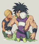  1girl 2boys armor arms_around_neck arms_at_sides black_eyes black_hair broken_armor broly_(dragon_ball_super) cheelai dirty dirty_clothes dirty_face dragon_ball dragon_ball_super dragon_ball_super_broly expressionless facing_away fanny_pack fingernails gloves grey_background hand_on_another&#039;s_arm hat height_difference highres lemo_(dragon_ball) light_smile looking_at_another looking_away multiple_boys muscle nipples open_mouth scar scouter shaded_face shirtless short_hair simple_background smile spiked_hair tama_azusa_hatsu torn_clothes twitter_username upper_body white_gloves white_hair wristband 
