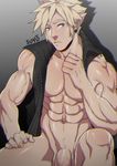  1boy abs blonde_hair character_request final_fantasy flaccid male_focus muscle penis sitting solo suyo tagme yaoi 