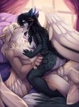  2017 anthro black_hair canine detailed_background digital_media_(artwork) duo eyes_closed feathered_wings feathers feline female fur hair kissing lying male male/female mammal on_back penetration pussy_juice sex shariea spots spotted_fur wings 