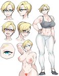  1girl abs agawa_ryou areolae arm_up bare_arms blonde_hair blue_eyes blush breasts censored cleavage closed_mouth eyebrows eyebrows_visible_through_hair feet full_body glasses happy heart heart_censor highres huge_breasts legs looking_at_viewer midriff muscle muscular_female navel nipples nude open_mouth original serious short_hair sleeveless smile solo sports_bra thighs yoga_pants 