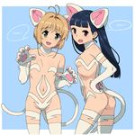  animal_ears antenna_hair ass bangs black_hair blunt_bangs blush breasts brown_hair cameltoe cardcaptor_sakura cat_ears cat_tail claws cleavage collarbone cosplay felicia felicia_(cosplay) fur green_eyes holding kinomoto_sakura li_meiling long_hair looking_at_viewer multiple_girls navel negresco open_mouth paws purple_eyes revealing_clothes short_hair simple_background small_breasts smile tail thighhighs vampire_(game) white_background 