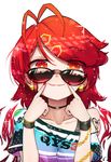  ahoge artist_name bai_yemeng bangs bare_shoulders chinese_commentary choker commentary_request earrings highres jewelry long_hair looking_at_viewer nail_polish original red_eyes red_hair signature simple_background smile solo sparkle stud_earrings sunglasses tattoo white_background 