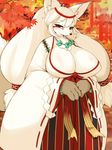  1girl artist_request big_breasts fox fullbokko_heroes furry japanese_clothes long_hair red_eyes solo white_hair 