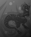  2017 amphibian anthro anus black_and_white black_skin breasts bubble digital_media_(artwork) diplocaulus female fin floating grey_skin grey_stripes half-closed_eyes holding_breast looking_at_viewer looking_back monochrome nipples nitrods nude pussy rear_view salamander seductive solo striped_body stripes underwater water webbed_feet webbed_hands 